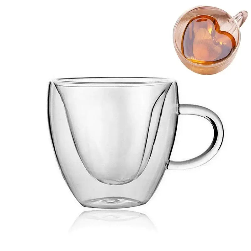 Clear heart shaped double wall glass mug with a sleek modern design and smooth handle for kitchen drinkware