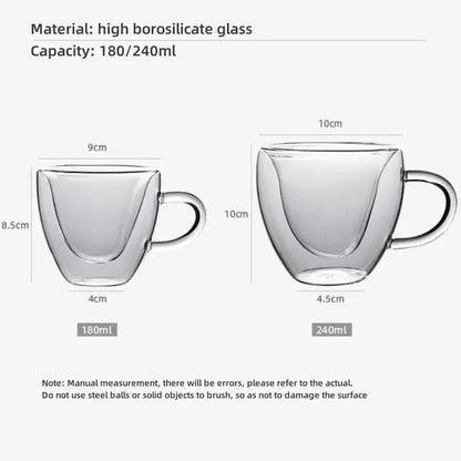 Clear heart shaped double wall glass mug set in 180ml and 240ml capacities for kitchen drinkware use