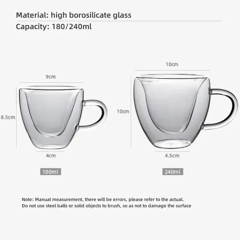 Clear heart shaped double wall glass mug set in 180ml and 240ml capacities for kitchen drinkware use