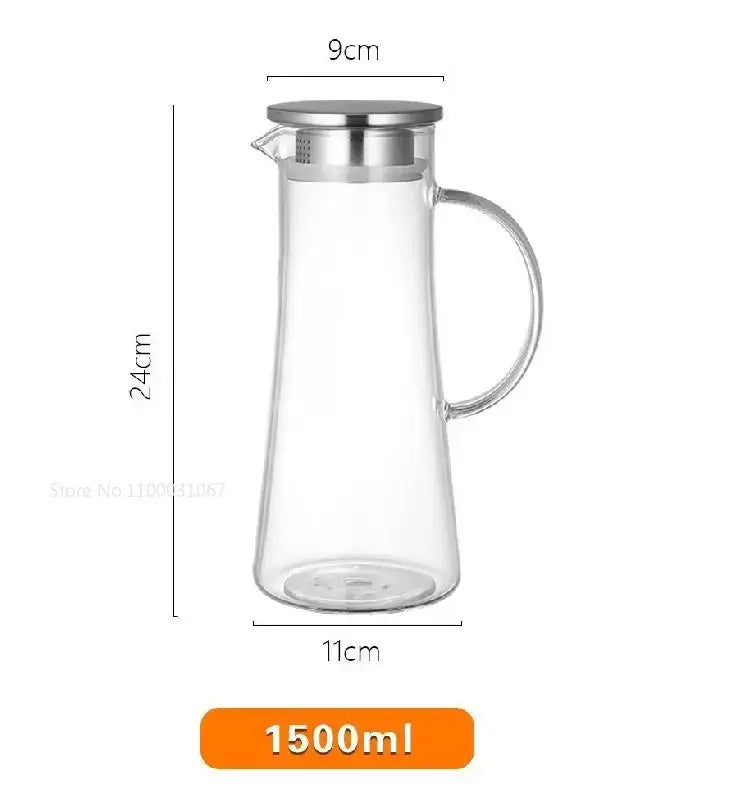 Clear glass pitcher water carafe with stainless steel lid and handle 1500ml heat resistant for kitchen use