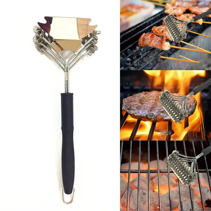 Heavy duty stainless steel bbq triple head brush with silver grill tool heads and black rubber grip handle with coiled chains
