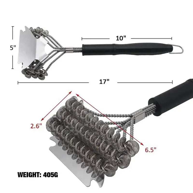 Silver stainless steel bbq triple head brush with coiled wire bristles and black rubber handle for heavy duty grilling