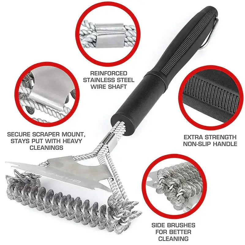 Black-handled heavy duty stainless steel bbq triple head brush with reinforced wire shaft and side brushes for cleaning