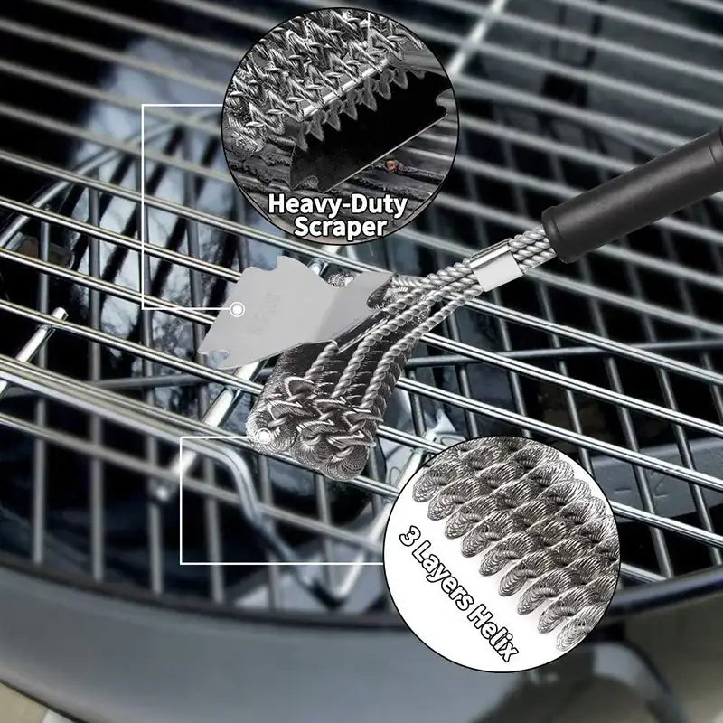 Heavy duty stainless steel bbq triple head brush with black handle and three-layer helix bristles for grill scraping