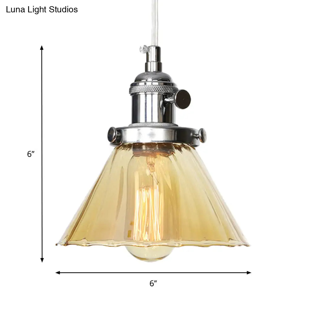 Height-Adjustable 1-Light Industrial Conic Pendant Lamp with Amber/Clear Glass for Coffee Shops - Available in Black, Bronze, and Brass