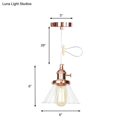 Height-Adjustable 1-Light Industrial Conic Pendant Lamp with Amber/Clear Glass for Coffee Shops - Available in Black, Bronze, and Brass