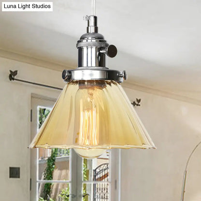 Height-Adjustable 1-Light Industrial Conic Pendant Lamp with Amber/Clear Glass for Coffee Shops - Available in Black, Bronze, and Brass