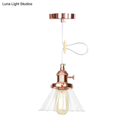 Height-Adjustable 1-Light Industrial Conic Pendant Lamp with Amber/Clear Glass for Coffee Shops - Available in Black, Bronze, and Brass