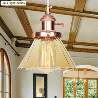 Height-Adjustable 1-Light Industrial Conic Pendant Lamp with Amber/Clear Glass for Coffee Shops - Available in Black, Bronze, and Brass