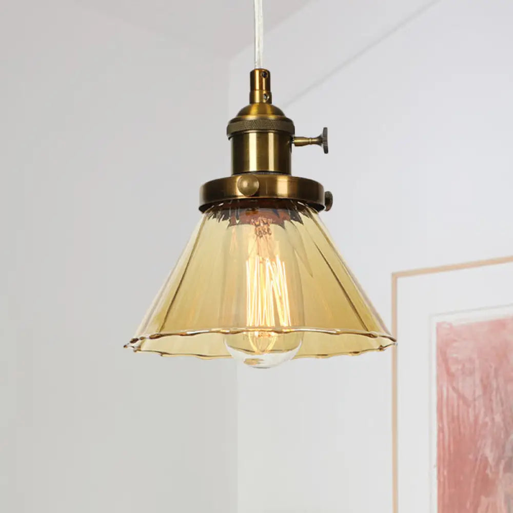 Height-Adjustable 1-Light Industrial Conic Pendant Lamp with Amber/Clear Glass for Coffee Shops - Available in Black, Bronze, and Brass