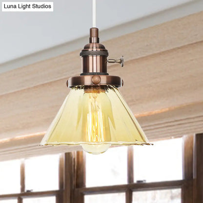 Height-Adjustable 1-Light Industrial Conic Pendant Lamp with Amber/Clear Glass for Coffee Shops - Available in Black, Bronze, and Brass