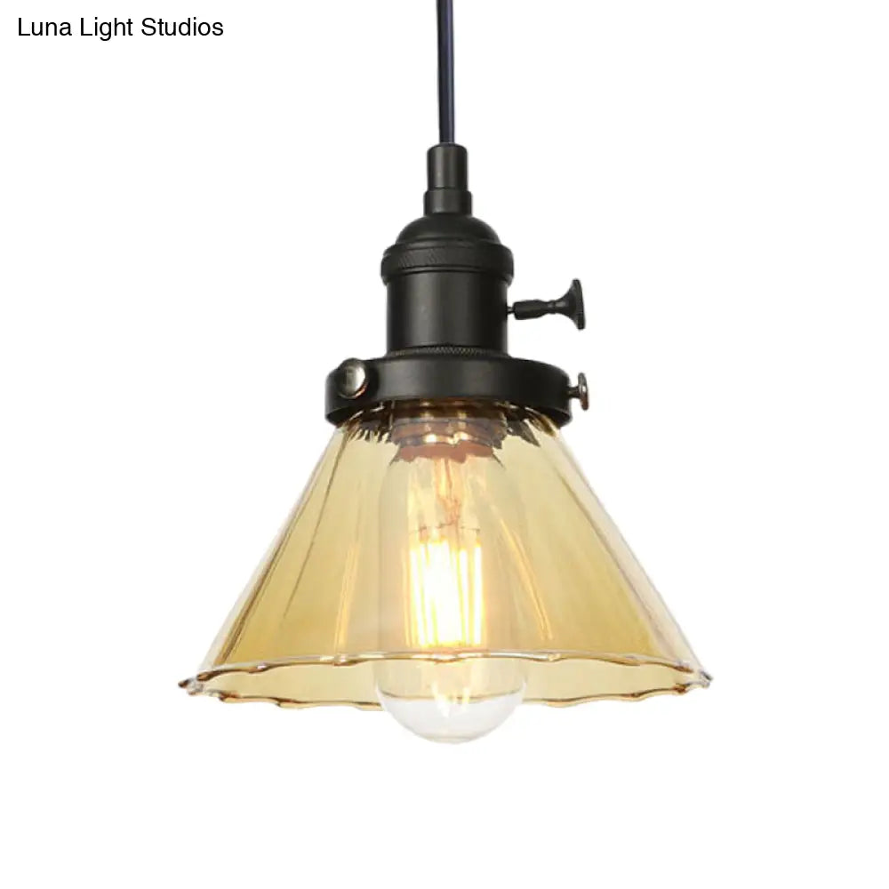 Height-Adjustable 1-Light Industrial Conic Pendant Lamp with Amber/Clear Glass for Coffee Shops - Available in Black, Bronze, and Brass