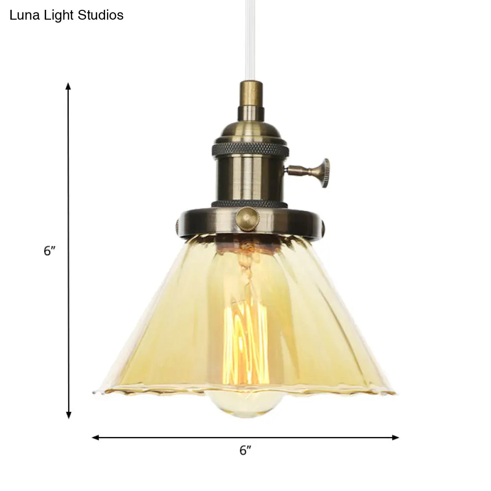 Height-Adjustable 1-Light Industrial Conic Pendant Lamp with Amber/Clear Glass for Coffee Shops - Available in Black, Bronze, and Brass