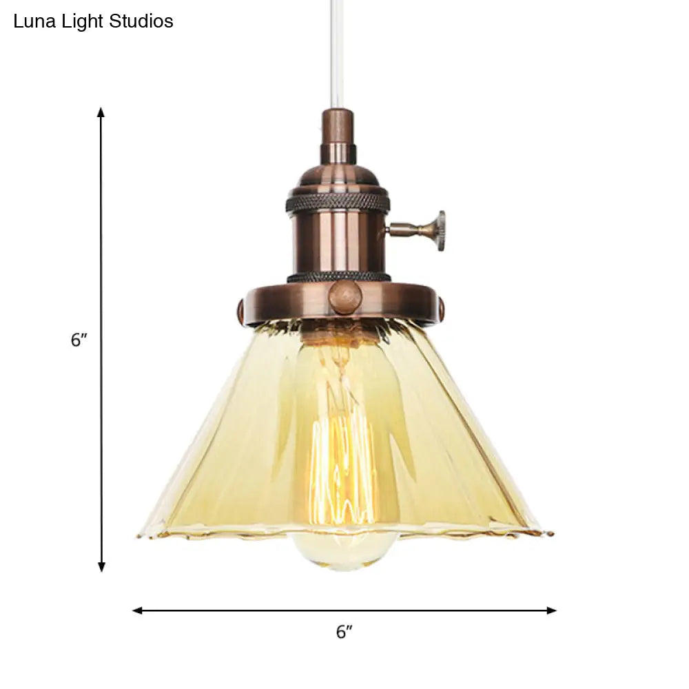 Height-Adjustable 1-Light Industrial Conic Pendant Lamp with Amber/Clear Glass for Coffee Shops - Available in Black, Bronze, and Brass