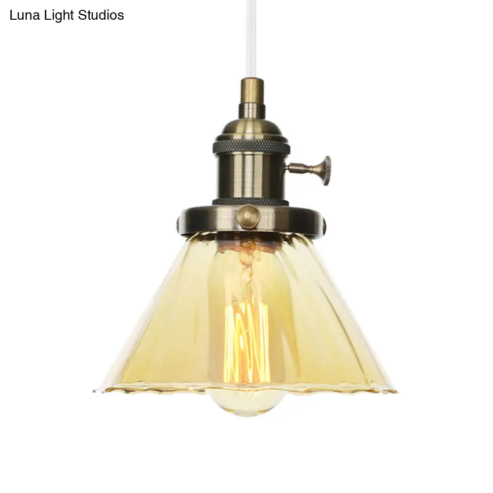 Height-Adjustable 1-Light Industrial Conic Pendant Lamp with Amber/Clear Glass for Coffee Shops - Available in Black, Bronze, and Brass