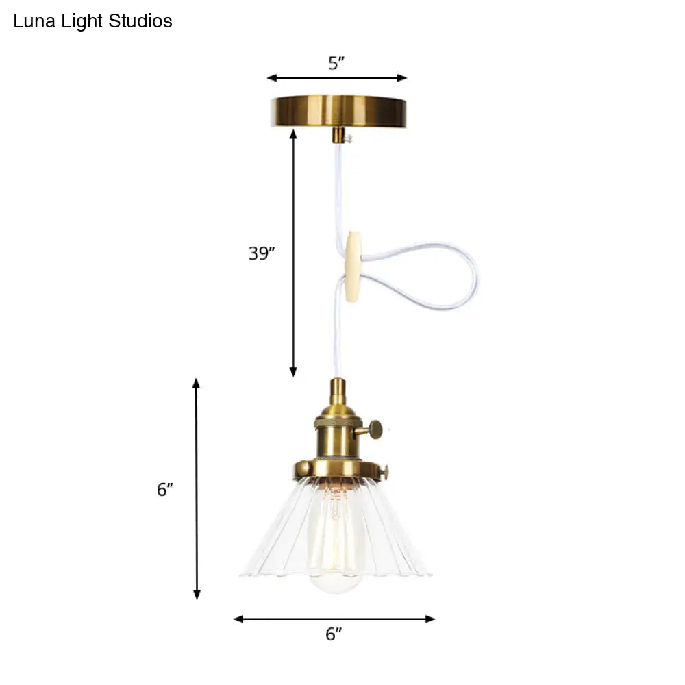 Height-Adjustable 1-Light Industrial Conic Pendant Lamp with Amber/Clear Glass for Coffee Shops - Available in Black, Bronze, and Brass