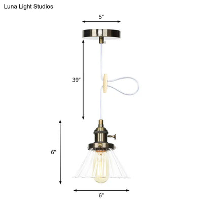 Height-Adjustable 1-Light Industrial Conic Pendant Lamp with Amber/Clear Glass for Coffee Shops - Available in Black, Bronze, and Brass