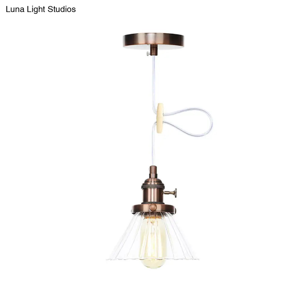 Height-Adjustable 1-Light Industrial Conic Pendant Lamp with Amber/Clear Glass for Coffee Shops - Available in Black, Bronze, and Brass