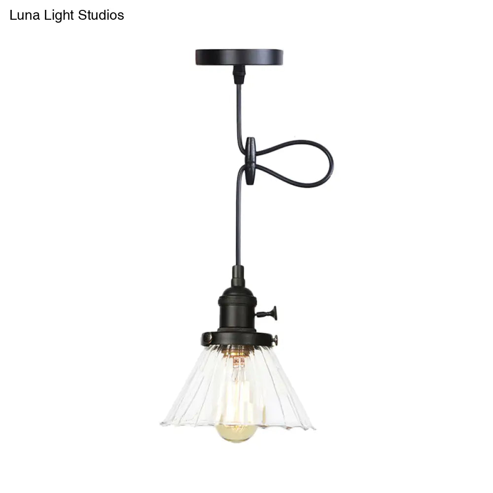 Height-Adjustable 1-Light Industrial Conic Pendant Lamp with Amber/Clear Glass for Coffee Shops - Available in Black, Bronze, and Brass