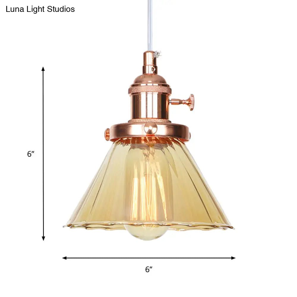 Height-Adjustable 1-Light Industrial Conic Pendant Lamp with Amber/Clear Glass for Coffee Shops - Available in Black, Bronze, and Brass