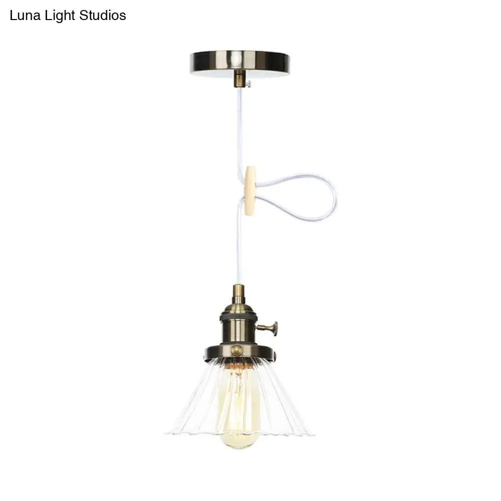 Height-Adjustable 1-Light Industrial Conic Pendant Lamp with Amber/Clear Glass for Coffee Shops - Available in Black, Bronze, and Brass