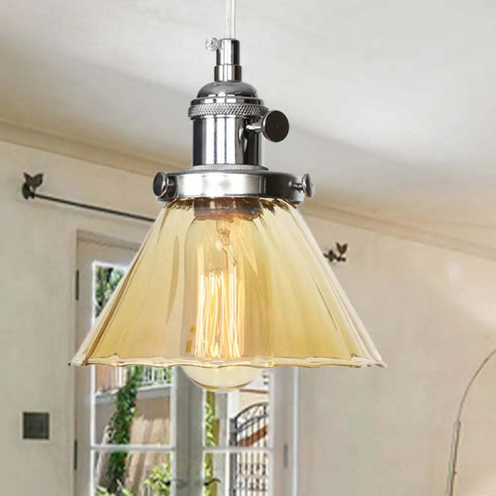 Height-Adjustable 1-Light Industrial Conic Pendant Lamp with Amber/Clear Glass for Coffee Shops - Available in Black, Bronze, and Brass