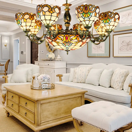 Height-Adjustable Stained Glass Multi-Light Chandelier with Metal Chain