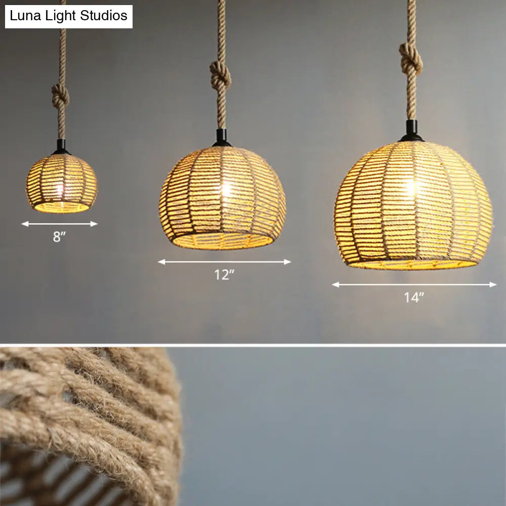 Hemispherical Farmhouse Hanging Lamp - 1-Light Hemp Rope Pendant Light for Dining Room