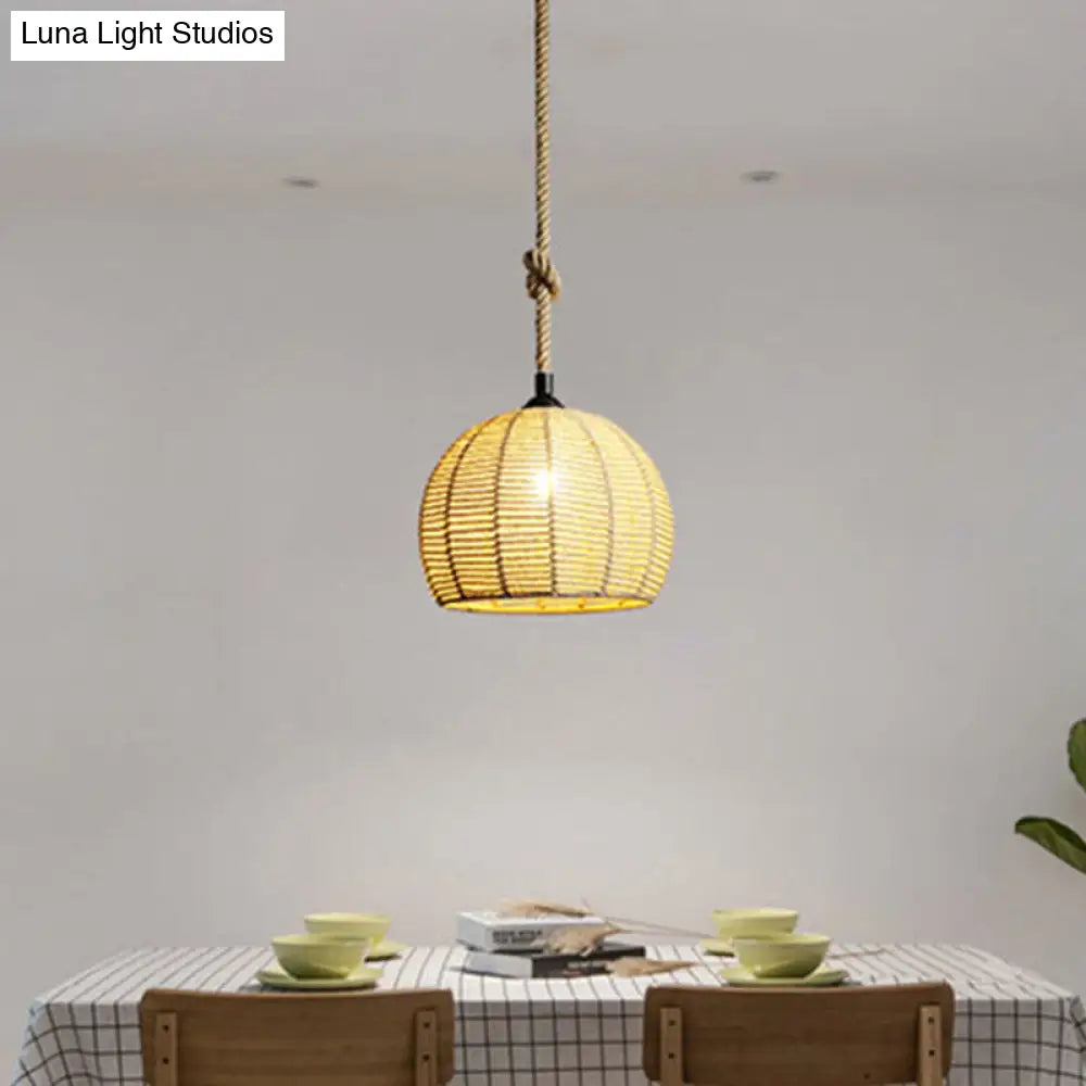 Hemispherical Farmhouse Hanging Lamp - 1-Light Hemp Rope Pendant Light for Dining Room