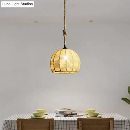 Hemispherical Farmhouse Hanging Lamp - 1-Light Hemp Rope Pendant Light for Dining Room