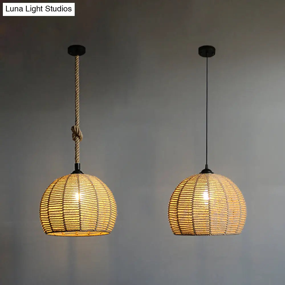 Hemispherical Farmhouse Hanging Lamp - 1-Light Hemp Rope Pendant Light for Dining Room