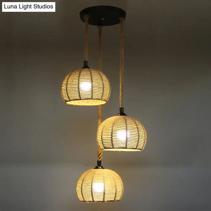 Hemispherical Farmhouse Hanging Lamp - 1-Light Hemp Rope Pendant Light for Dining Room