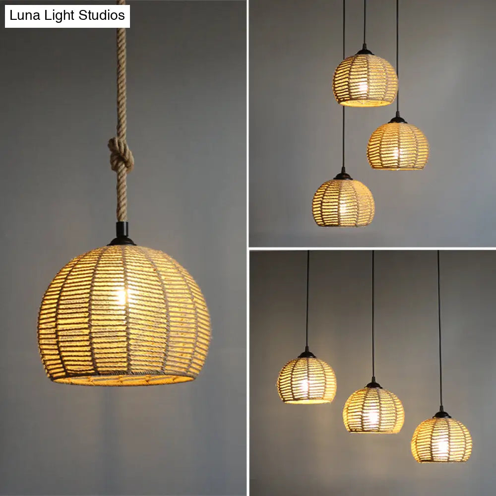 Hemispherical Farmhouse Hanging Lamp - 1-Light Hemp Rope Pendant Light for Dining Room