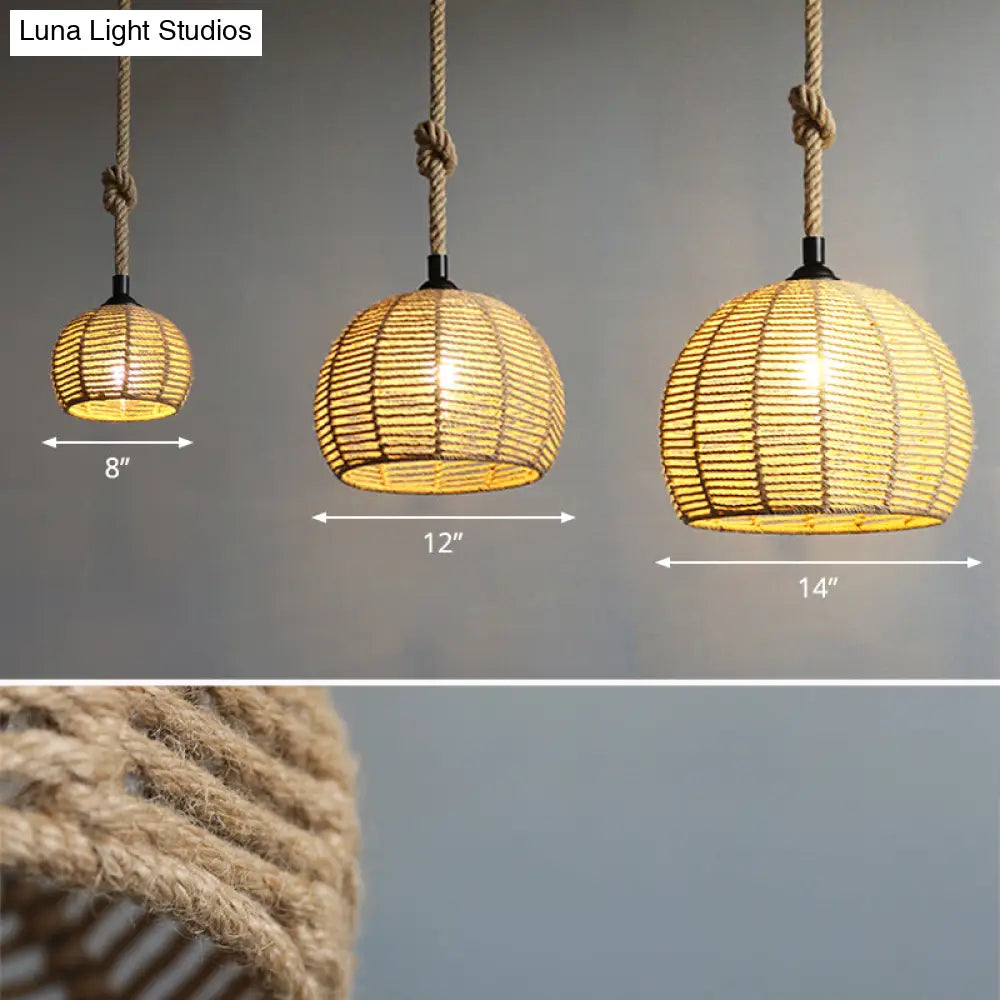 Hemispherical Farmhouse Hanging Lamp - 1-Light Hemp Rope Pendant Light for Dining Room