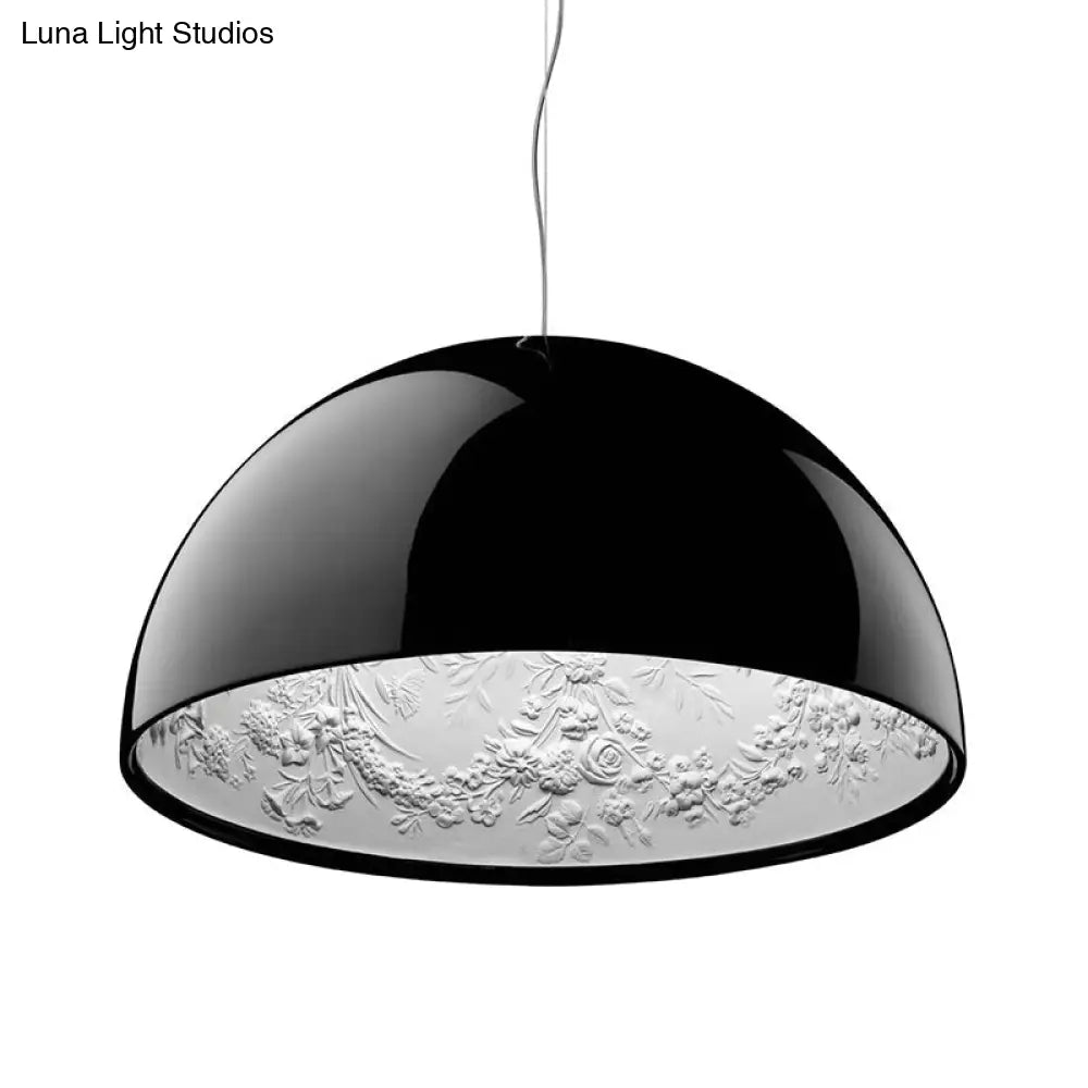 Hemispherical Resin Pendant Light 16"/23" – Single Living Room Lamp in Black/White with Carved Rose Design