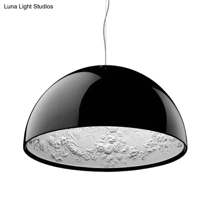 Hemispherical Resin Pendant Light 16"/23" – Single Living Room Lamp in Black/White with Carved Rose Design