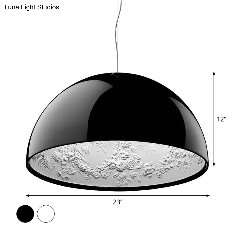 Hemispherical Resin Pendant Light 16"/23" – Single Living Room Lamp in Black/White with Carved Rose Design