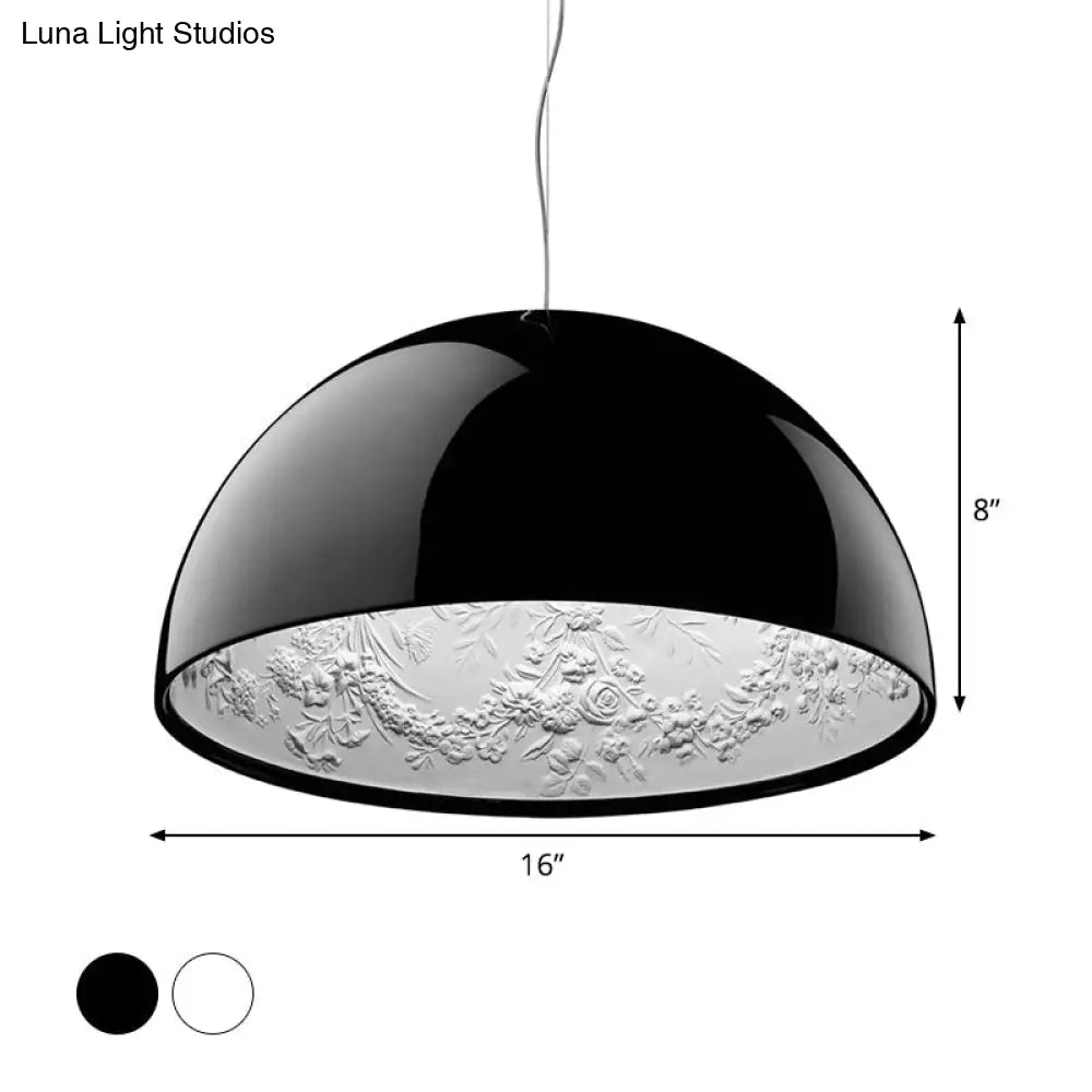 Hemispherical Resin Pendant Light 16"/23" – Single Living Room Lamp in Black/White with Carved Rose Design