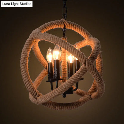 Hemp Rope 4-Light Chandelier in Beige for Farmhouse and Bedroom Suspension