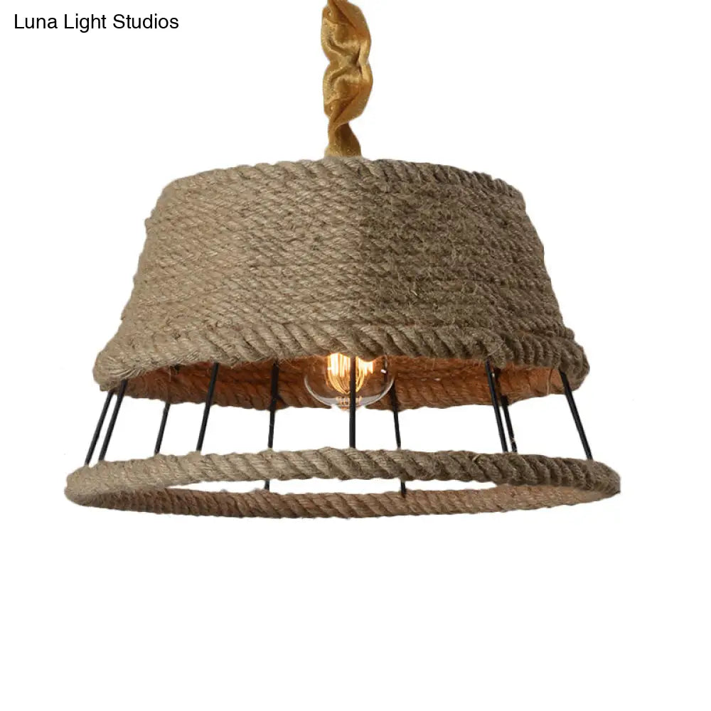 Hemp Rope Beige Pendant Light with Metal Cage Shade - Lodge Hanging Light Fixture for Restaurant