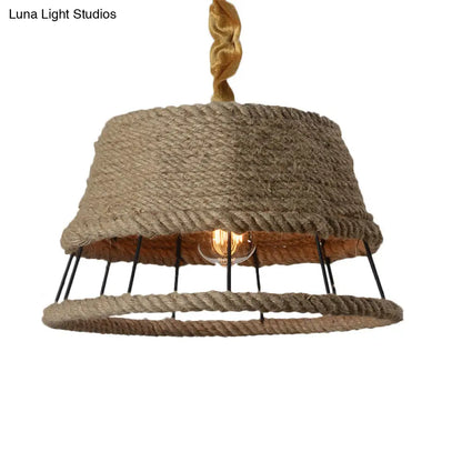 Hemp Rope Beige Pendant Light with Metal Cage Shade - Lodge Hanging Light Fixture for Restaurant