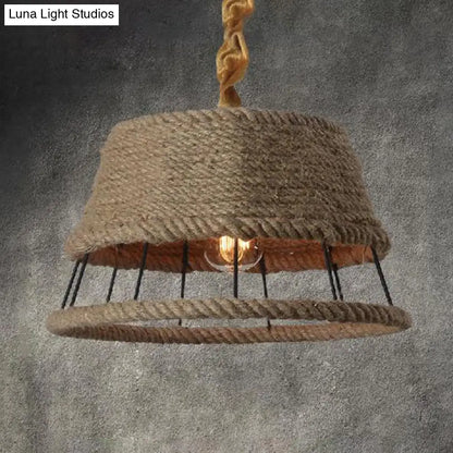 Hemp Rope Beige Pendant Light with Metal Cage Shade - Lodge Hanging Light Fixture for Restaurant