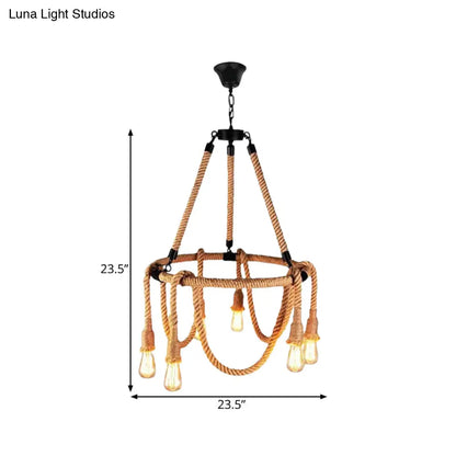 Hemp Rope Brown Pendant Chandelier - 6-Light Countryside Ceiling Light for Restaurant