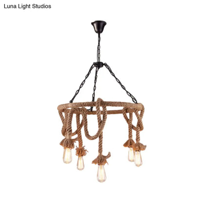 Hemp Rope Brown Pendant Chandelier - 6-Light Countryside Ceiling Light for Restaurant