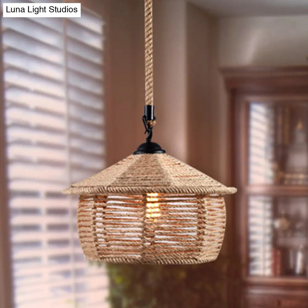 Hemp Rope Caged Pendant: Flaxen Single-Bulb Industrial Hanging Lamp