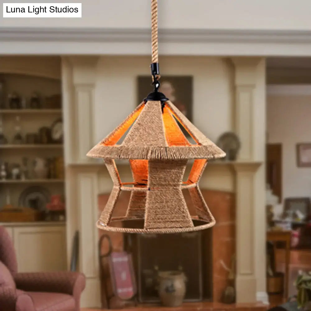 Hemp Rope Caged Pendant: Flaxen Single-Bulb Industrial Hanging Lamp