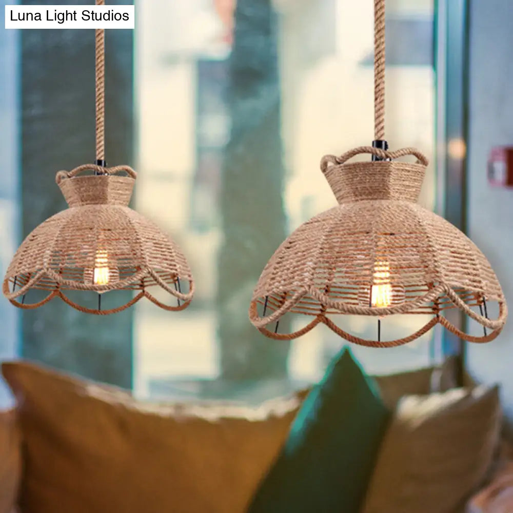 Hemp Rope Caged Pendant: Flaxen Single-Bulb Industrial Hanging Lamp