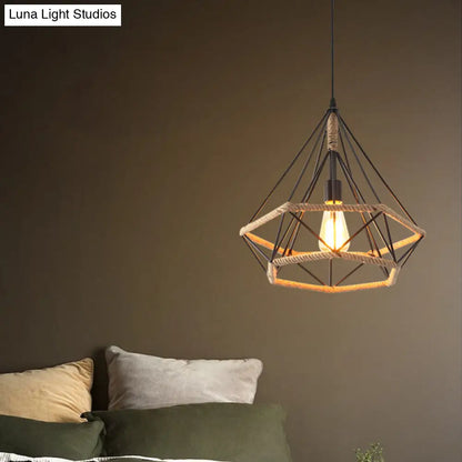 Hemp Rope Caged Pendant: Flaxen Single-Bulb Industrial Hanging Lamp