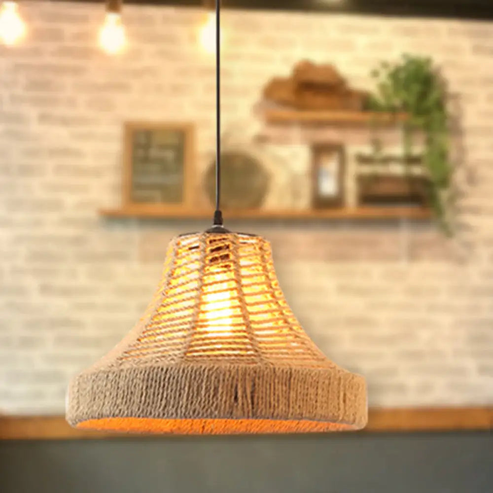 Hemp Rope Caged Pendant: Flaxen Single-Bulb Industrial Hanging Lamp