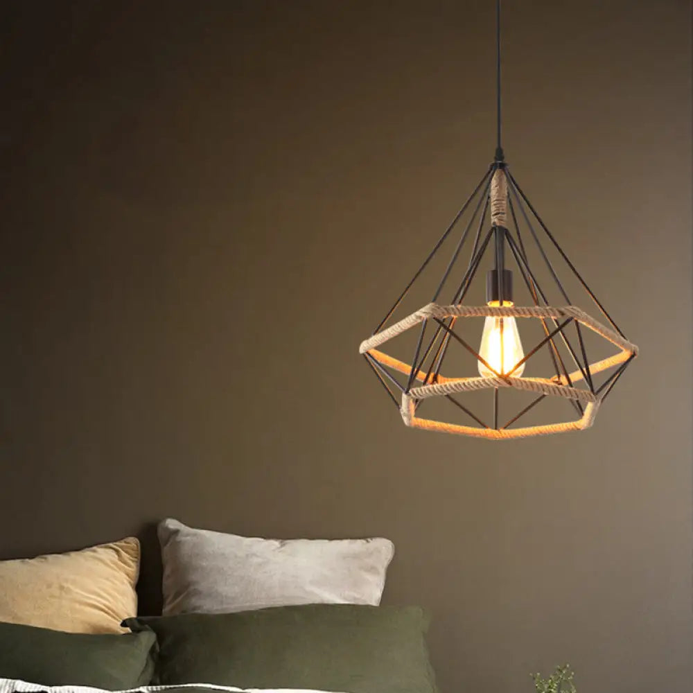 Hemp Rope Caged Pendant: Flaxen Single-Bulb Industrial Hanging Lamp